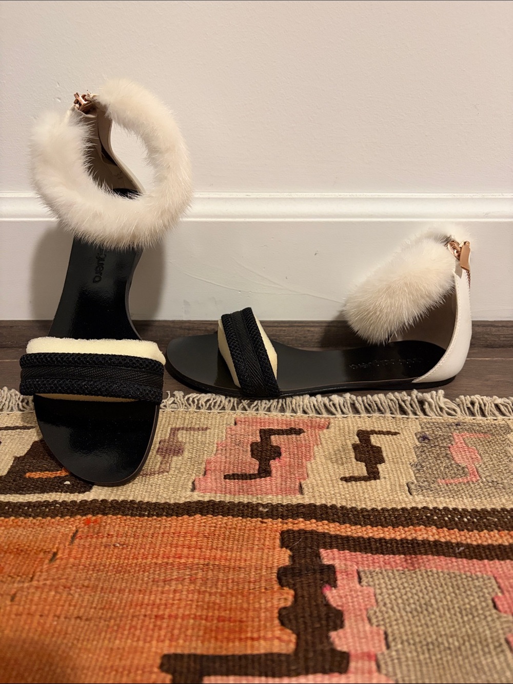 NWOT Mink Fur Ankle Strap Sandals - Cream & Black SZ 36